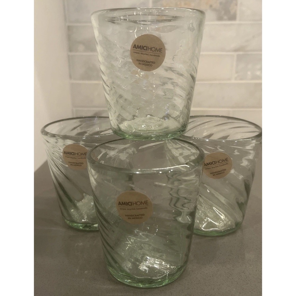 NEW 4-Amici Home Handcrafted In Mexico, Recycled Glass Green Swirl